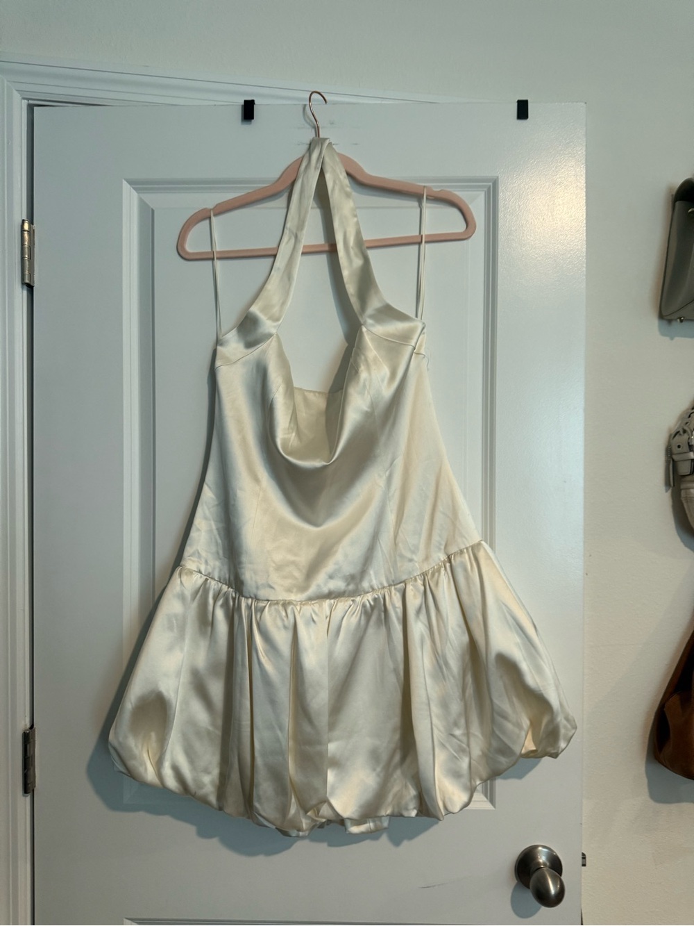 The Reformation Babette Bubble Hem Silk Satin Halter Minidress